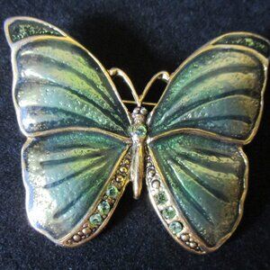 Vintage SFJ Enameled & Rhinestone Green & Gold Butterfly Brooch/Pin 1.75" x 1.5"